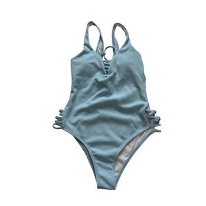 Zaful Womens Ribbed Lace Up Side Cut Out One Piece Swimsuit Light Blue NWT